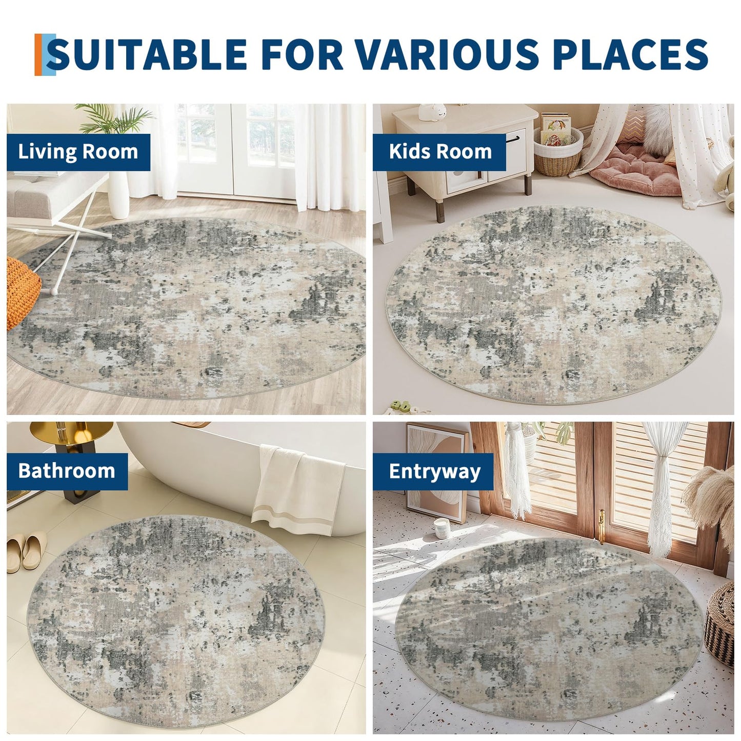 ROYHOME Modern Abstract 8x8 Round Area Rug Non Slip Non Shedding Rug Low Pile Stain Resistant for Bedroom Living Room Office Dining Room,Grey Yellow