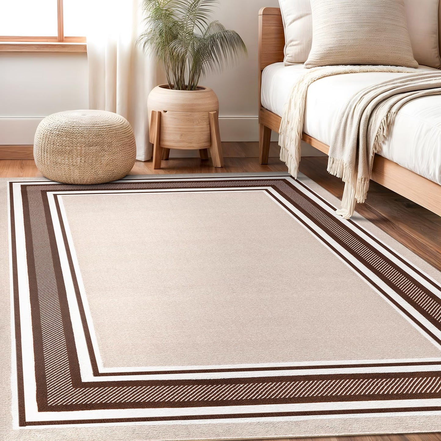 Beverly Rug Non Slip Area Rugs 3x5 Modern Bordered Non Skid Rubber Backing Soft Area Rug for Living Dining Room Easy to Clean Non Shedding Kitchen Bedroom Indoor Carpet 3 x 5 Beige-Brown