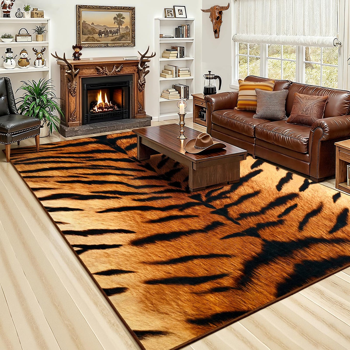 AROGAN Premium Tiger Rug for Bedroom 4×6 Feet, Machine Washable Animal Print Hide Area Rug, Large Non-Slip Faux Fur Tiger Skin Rugs Carpet for Office Living Room Dinner Room Decor