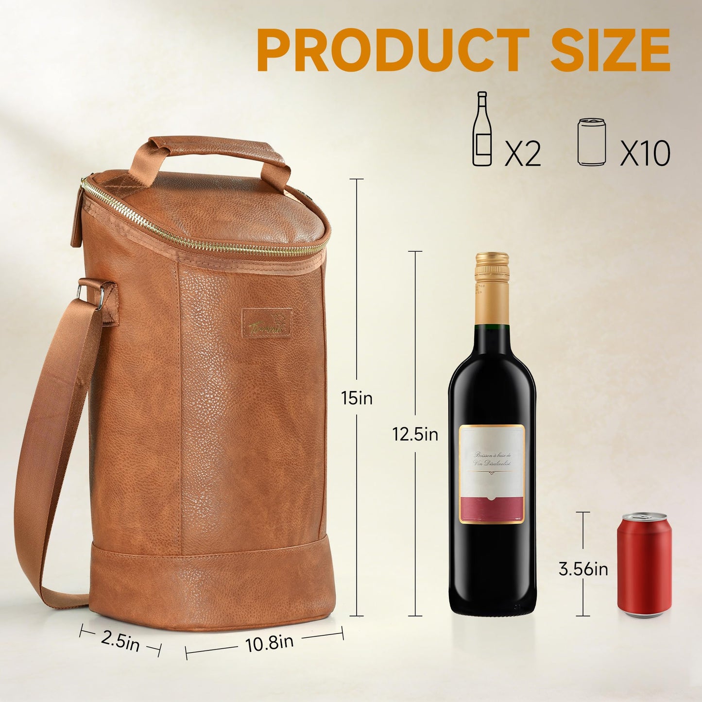Tirrinia 2 Bottle Wine Carrier Bag, Insulated Wine Tote Cooler Bag with Shoulder Strap, for Travel, Picnic, BYOB & Christmas for Wine Lovers, Brown