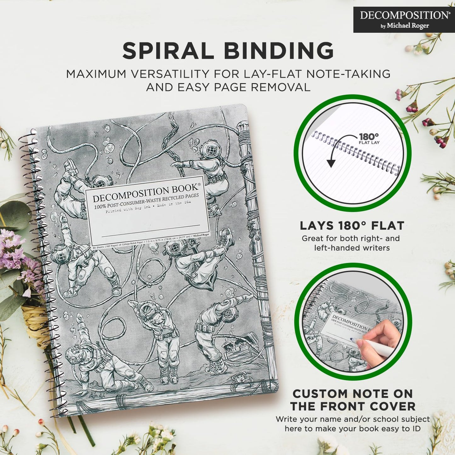 Decomposition Deep Stretch College Ruled Spiral Notebook - 9.75 x 7.5 Journal with 160 Lined Pages - 100% Recycled Paper - Cute Notebooks for School Supplies, Home & Office - Made in USA