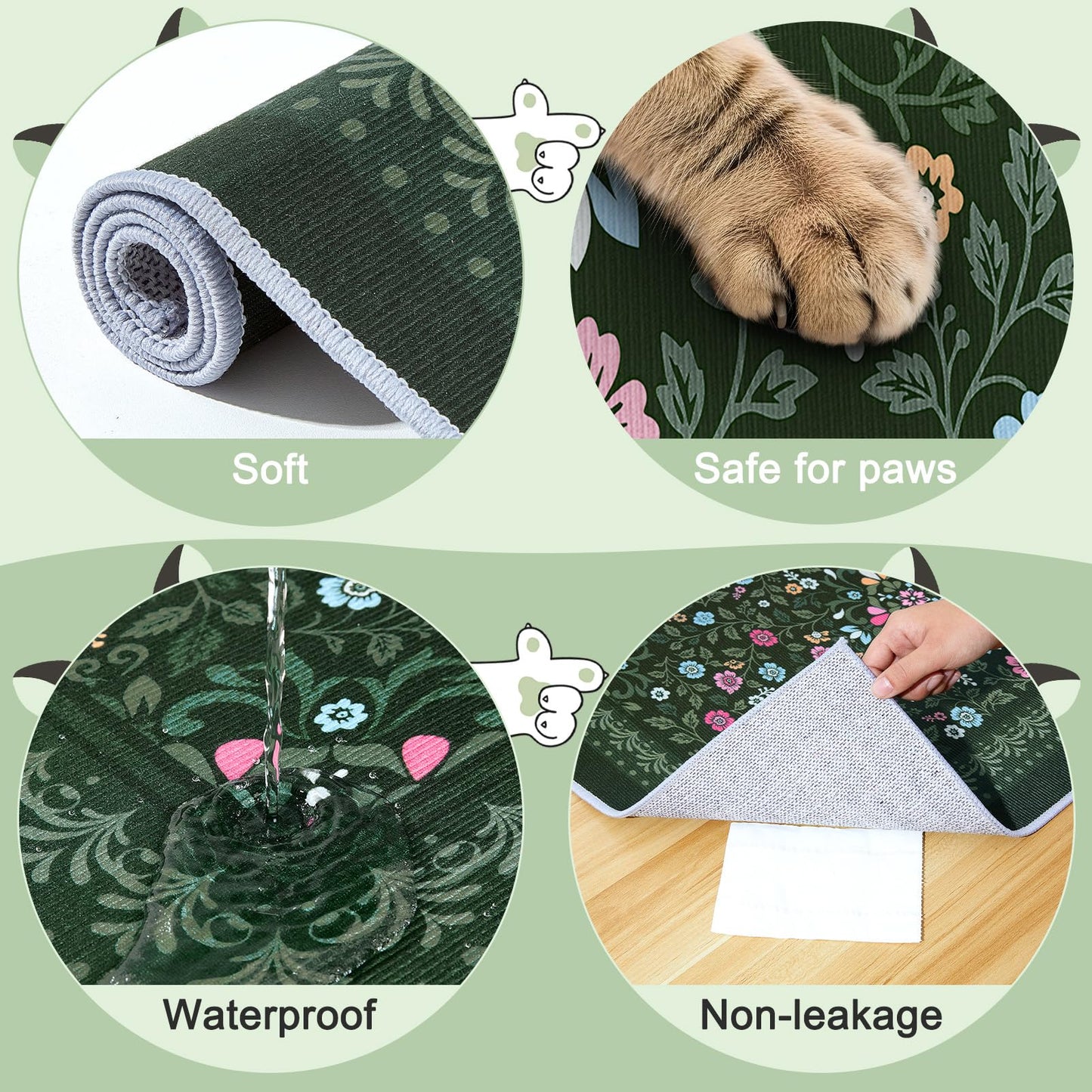 Bienbee Cat Litter Mat, 2PCS 33"x22" Machine Washable Litters Box Mats Non-Slip &Waterproof Cat Litters Trapping Mats Easy to Clean Mat for Litter Box Less Waste Protects Floors Dark Green L