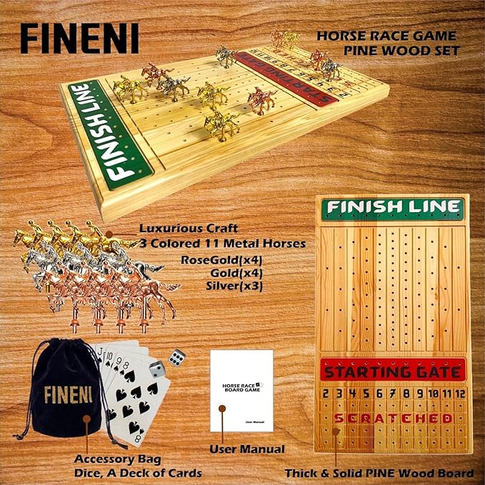 Horse Racing Game for Adults With 11 Luxurious Metal Horses (Silver Black Rose Gold) 22 Pine Wood Race Game Board Dice &amp Card Included (Log Color3)