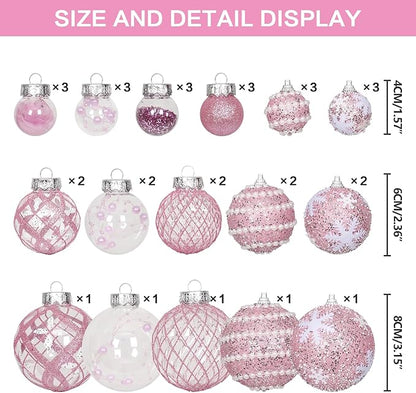 Super Holiday Christmas Ball Ornaments, 33PCS Pink Clear Shatterproof Plastic Foam Ornaments Set for Hanging Xmas Tree Holiday Thanksgiving Valentine's Day Party Decor.