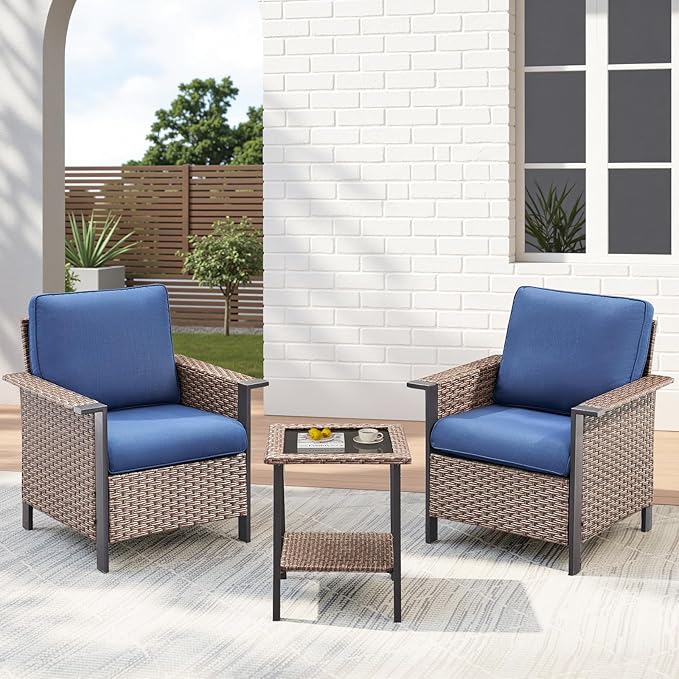 3 Pieces Wicker Patio Furniture Set-Outdoor Patio Chairs Set of 2 with Outdoor Side Table, Patio Furniture Set with Deep Seating Chairs for Porch Deck Balcony Garden Brown/Blue