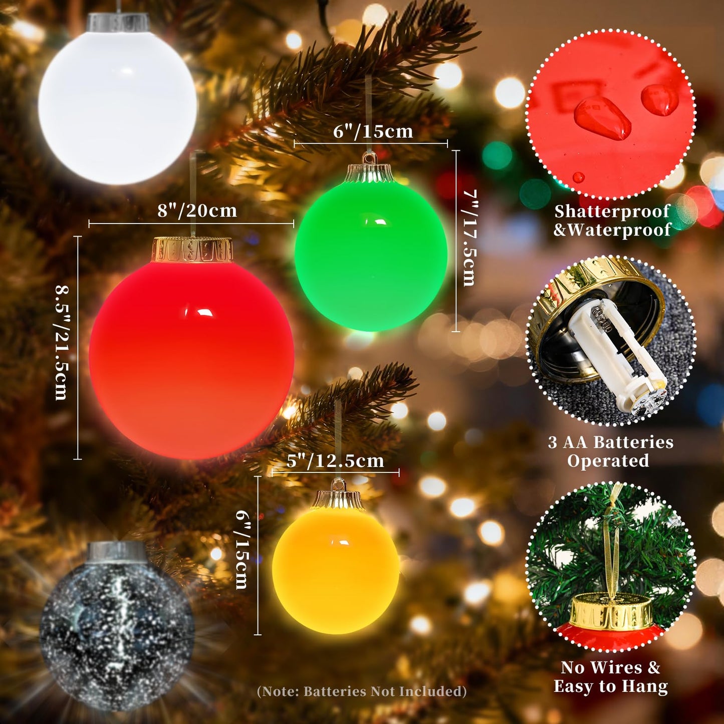 Lanpn 4 Pcs 5" Outdoor LED Ornament, Large Christmas Battery Powered Ball Lights, Xmas Tree Sphere Bulb Decor with Dark Sensor, Christmas Lighted Ornaments for Lawn Garden Yard Patio, Red