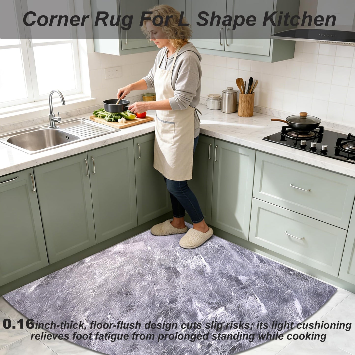 AHKFUL Corner Rug, L Shaped Kitchen Mat, Non Slip Corner Kitchen Rugs Washable, 4mm Thickness Rubber Kitchen Mats for Floor, Water Absorbent, Easy to Clean, GREY-35.5X35.5INCH(Half Circle)