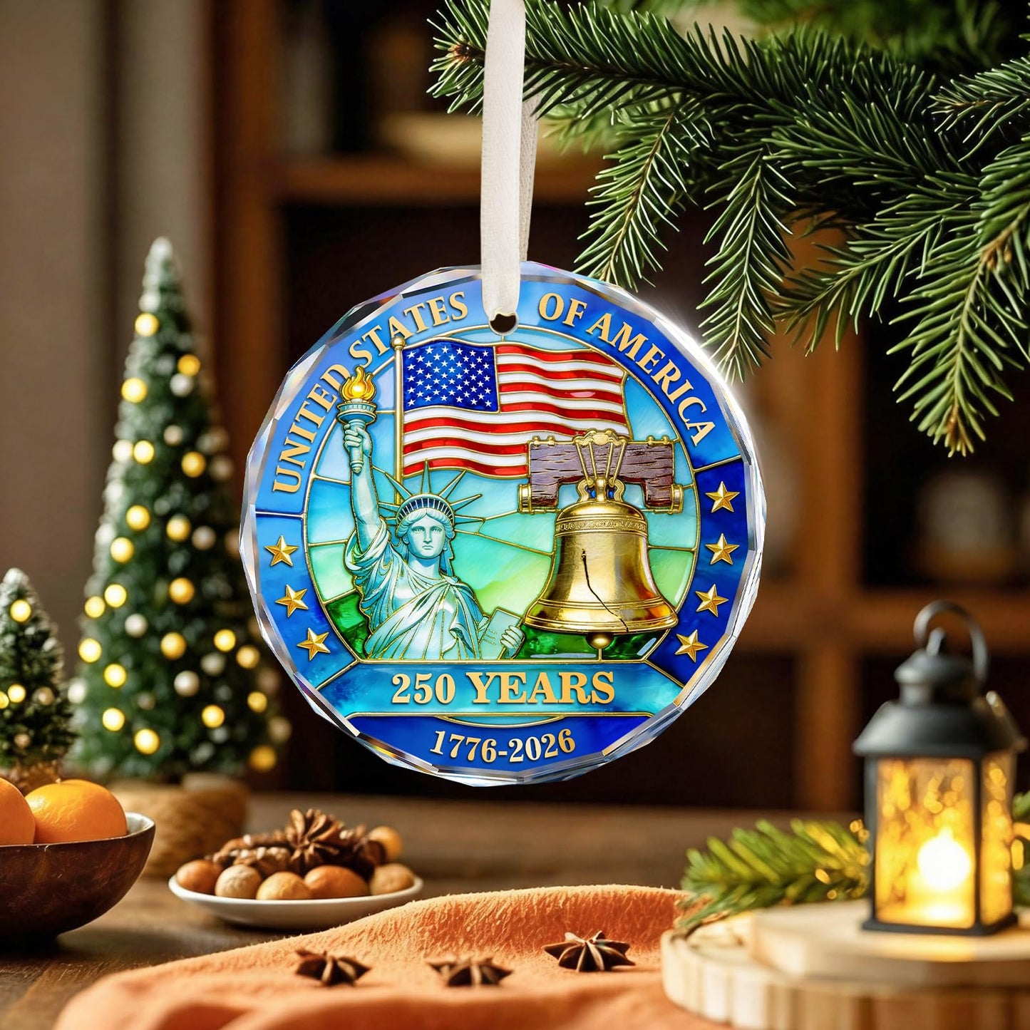250 Anniversary USA Ornament for 4th of July Decorations, Crystal Glass 1776-2026 Liberty Bell Memorial Day Decorations, USA 250th Anniversary Merchandise Fourth of July Gifts for Men Women
