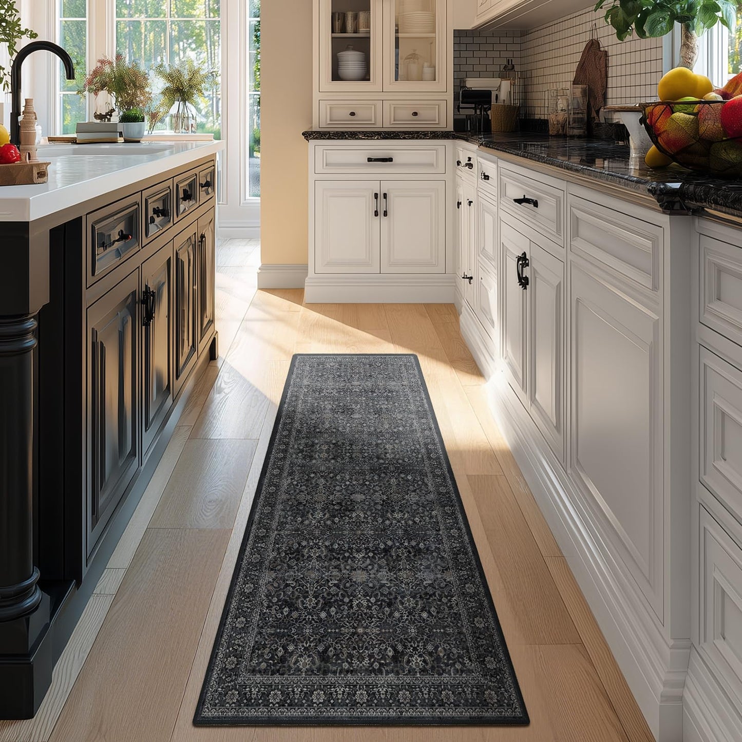 Jainmy Dark 2x6 Runner Rug for Hallways Entryway, Vintage Earth Tone Kitchen Bathroom Runner 6ft, Non Slip Washable Low Pile Thin Carpet Runner for Mudroom/Laundry Room/Bedroom Bedside, Midnight
