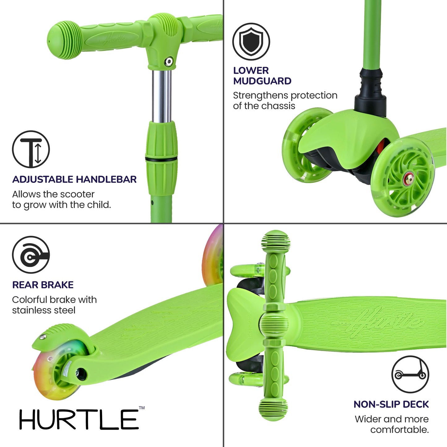 Hurtle Toddler Scooter, Adjustable Micro Scooter for Ages 2-5, Lightweight Kids 3 Wheel Design with LED Light-Up Wheels, Anti-Slip Deck & Lean-to-Steer Control, Indoor/Outdoor Use (Green)