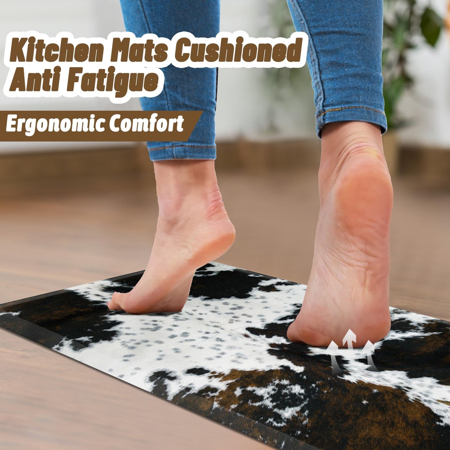 Tyrot Cowhide Kitchen Mat Cushioned Anti Fatigue - 1/2 Inch Thick Western Cow Kitchen Mats for Floor, Non Slip PVC Waterproof Standing Desk Ergonomic Comfort Rugs for Sink, Office, Laundry, 17.3x28