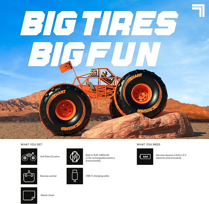 Sharper Image® 4x4 Giant Crusher Remote Control 4WD Truck High-Speed Off-Road Monster Truck All-Terrain Tires LED Headlights USB-C Rechargeable Battery Oversized Shocks 2.4 GHz Wireless Control