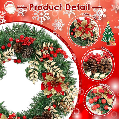 Christmas Wreaths for Front Door Outside Decor, 22" Berries Poinsettia Golden Leaves Pinecone Winter Artificial Wreath Decorations with Hanging Sign for Xmas Home Door Wall Window Fireplace Porch
