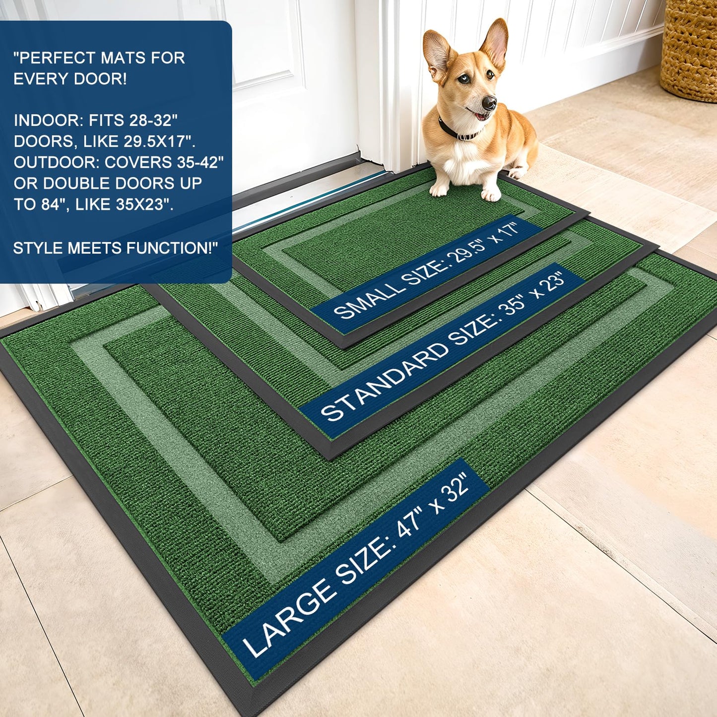 OLANLY Front Door Mat Indoor Outdoor Entrance, Waterproof All-Season, All-Weather Doormat, Sturdy Natural Rubber, Fade Resistant, Low Profile, Easy Clean Patio Porch Entryway Mat, 47x17, Green