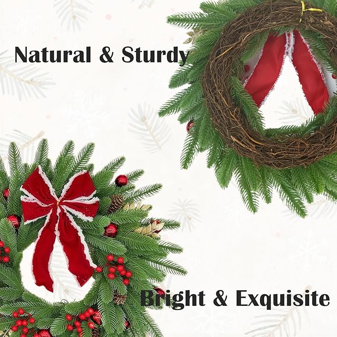Pine Branch, Red Berry and Bow Christmas Artificial Wreath Silk for Front Door Home Wall Holiday Christmas Festival Decor (18 inches)