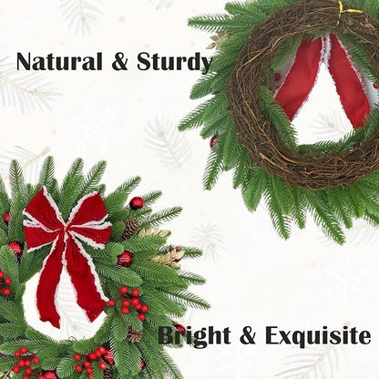 Pine Branch, Red Berry and Bow Christmas Artificial Wreath Silk for Front Door Home Wall Holiday Christmas Festival Decor (18 inches)