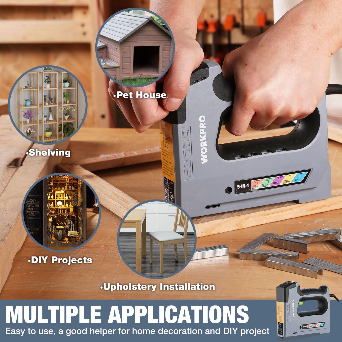 WORKPRO 5 in 1 Staple Gun,110V Corded Brad Nailer with 2000 Staples and Nails, Electric Staple Gun for DIY Project of Woodworking