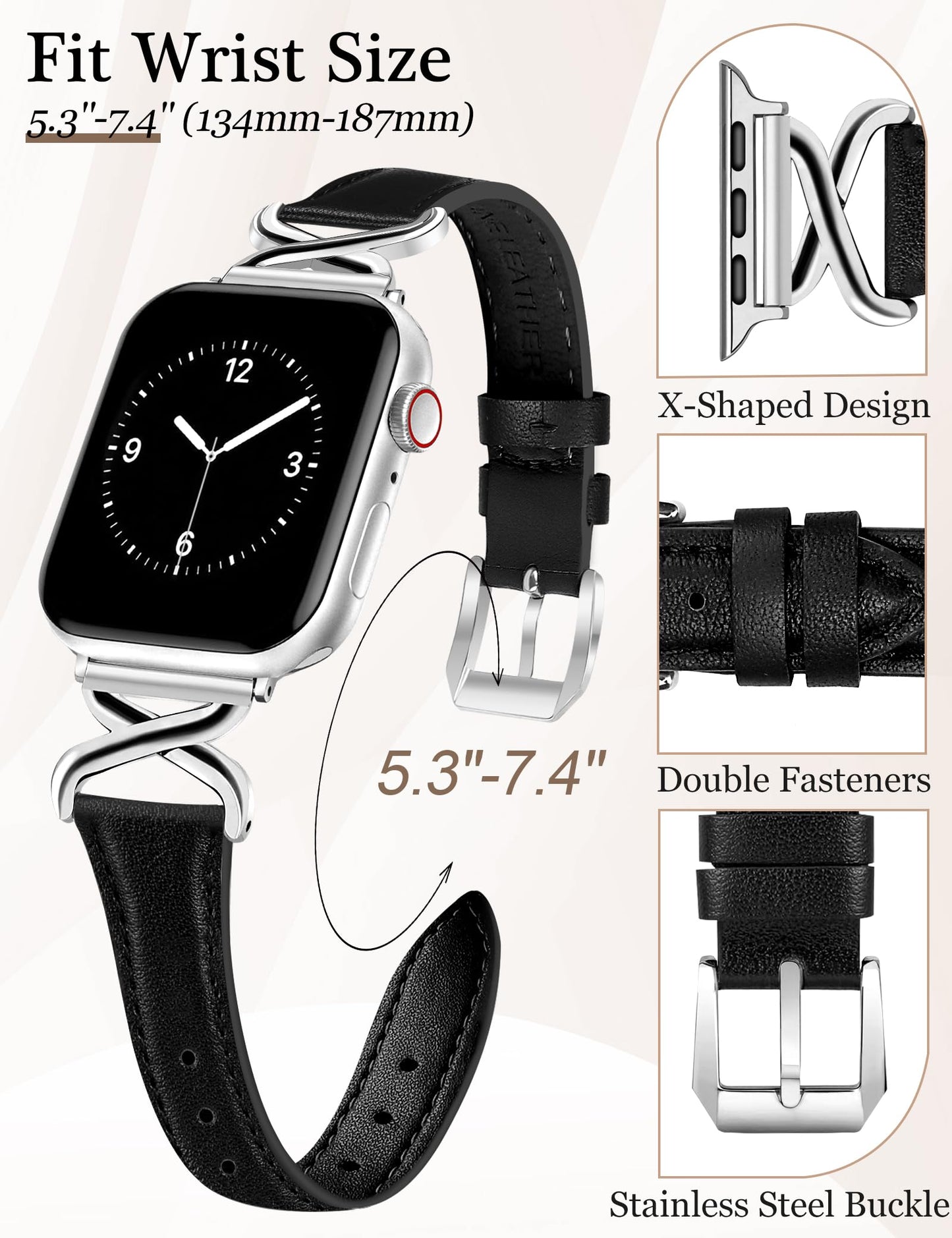 JR.DM Leather Bands Women Compatible with Apple Watch 40mm 38mm 44mm 45mm 41mm 42mm 46mm 49mm Dressy Slim Fancy Strap with X-Shaped Metal Crown for iWatch Series Ultra/SE/11/10/9/8/7/6/5/4/3/2/1 Black