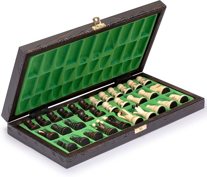 Husaria European International Chess Wooden Game Set King's Continental - 13.8 Inches Medium Size Chess Set with Handcrafted Chessmen and Felted Folding Board