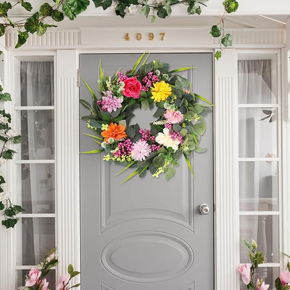 Wreaths for Front Door, 24 Inch Spring Fall Wreath with Vibrant Flowers and Greenery, Artificial Autumn Wreath for All Seasons Farmhouse Outdoor Indoors Holiday