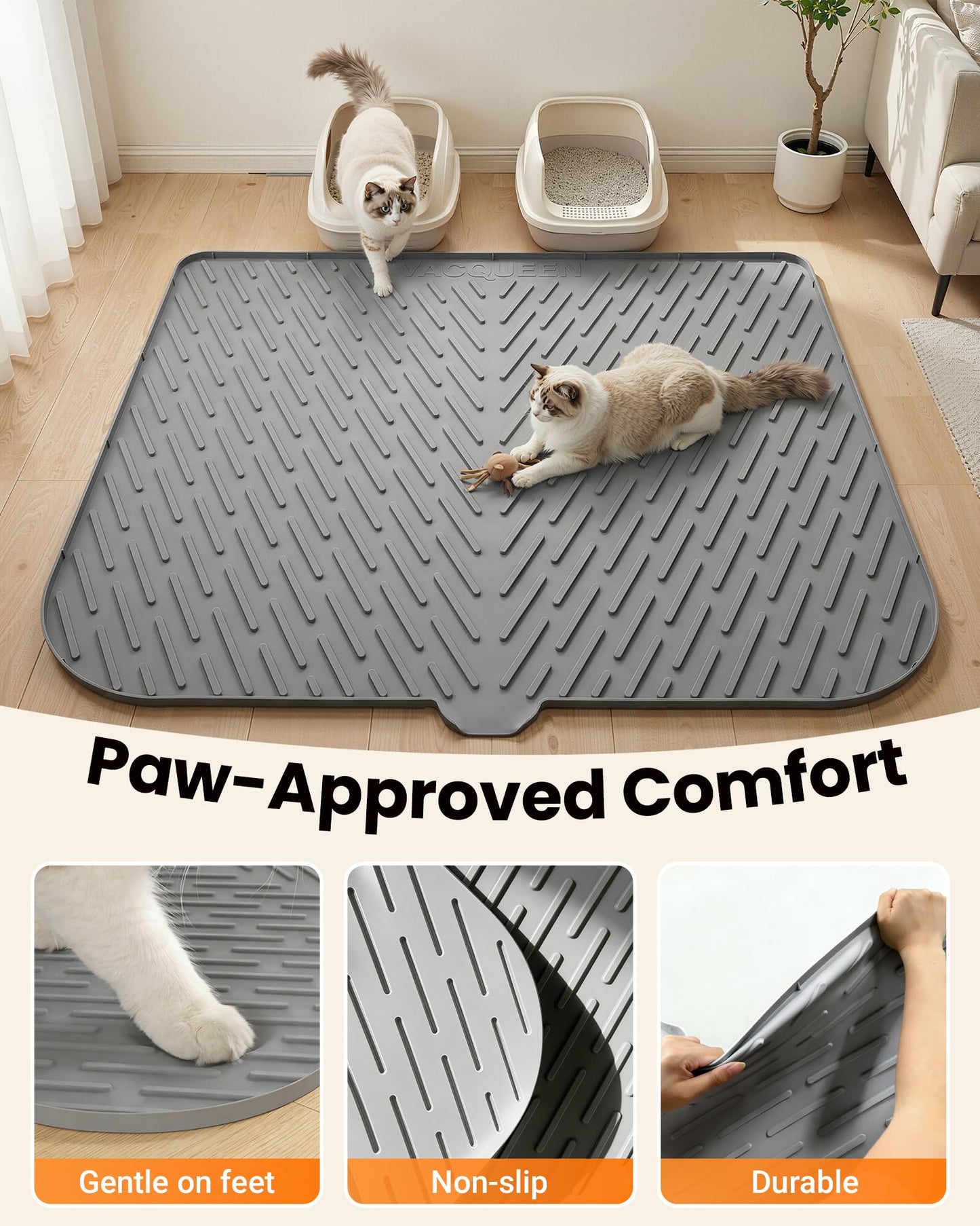 Vacqueen Cat Litter Box Mat, 47" x 37" Extra Large Cat Litter Mat, Silicone Waterproof Litter Trapping Mat for Scatter Control Soft on Kitty Paws Non-Slip Easy to Clean (Grey)