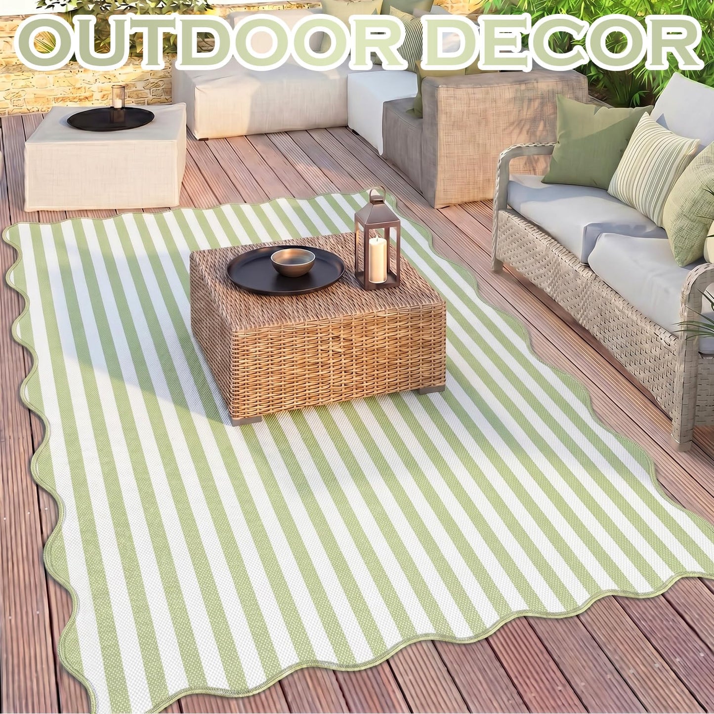 Klyyo Clyro Green Scalloped Outdoor Plastic Straw Rugs 5x8 ft Reversible Camping Rug Waterproof Striped Patio UV Resistant Mat Foldable Indoor Outdoor for Outside Beach Pool Patio Backyard Deck
