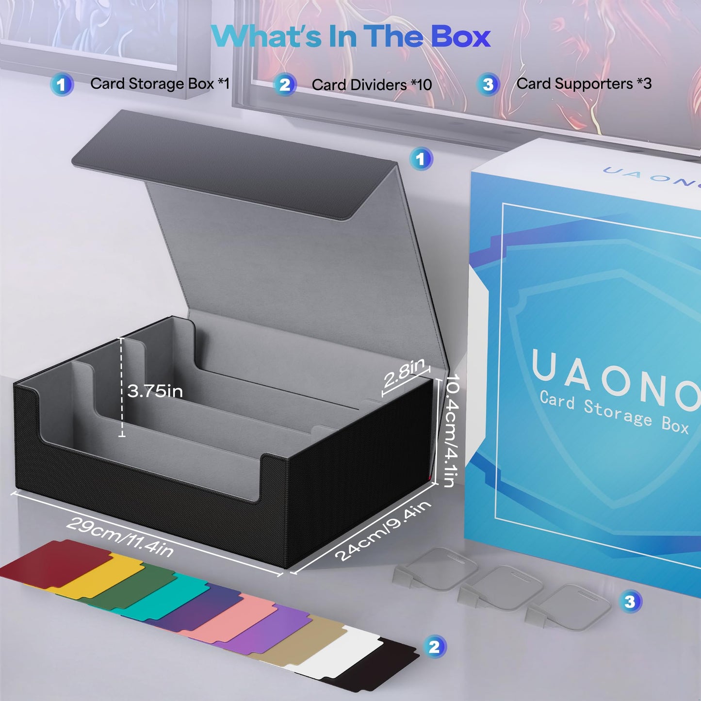 UAONO Trading Card Storage Box, Holds 1800 Sleeved Cards with 10 Dividers & 3 Stoppers, Magnetic Closure PU Leather Card Case for MTG, PTCG, YGO, Sports Cards (Black)