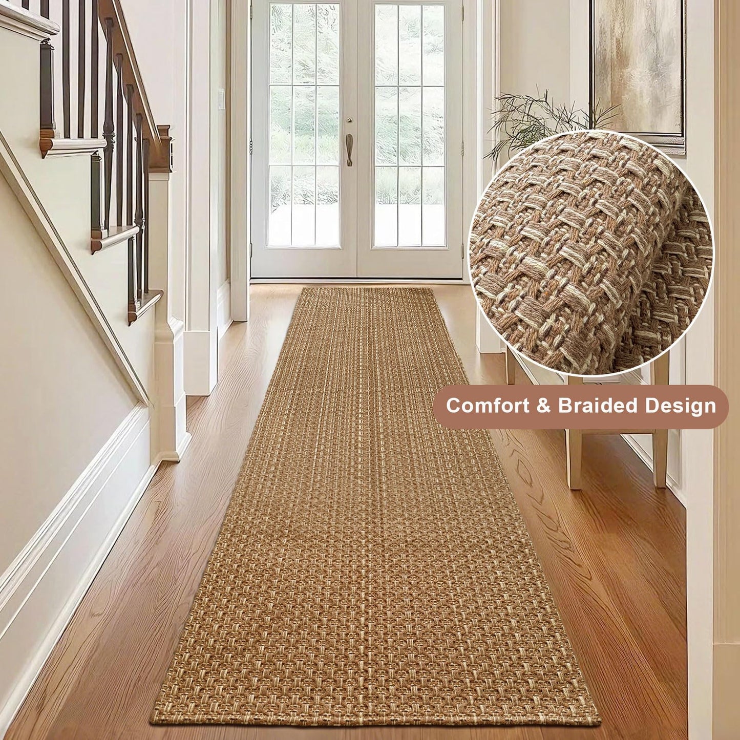 Bathroom Runner Rug,2x6 ft Hallway Runner,Braided Style Kitchen Runner Rugs,Faux Jute Rug with Rubber Backing,Machine Washable Neutral Entryway Runner Non Slip,Tan Brown