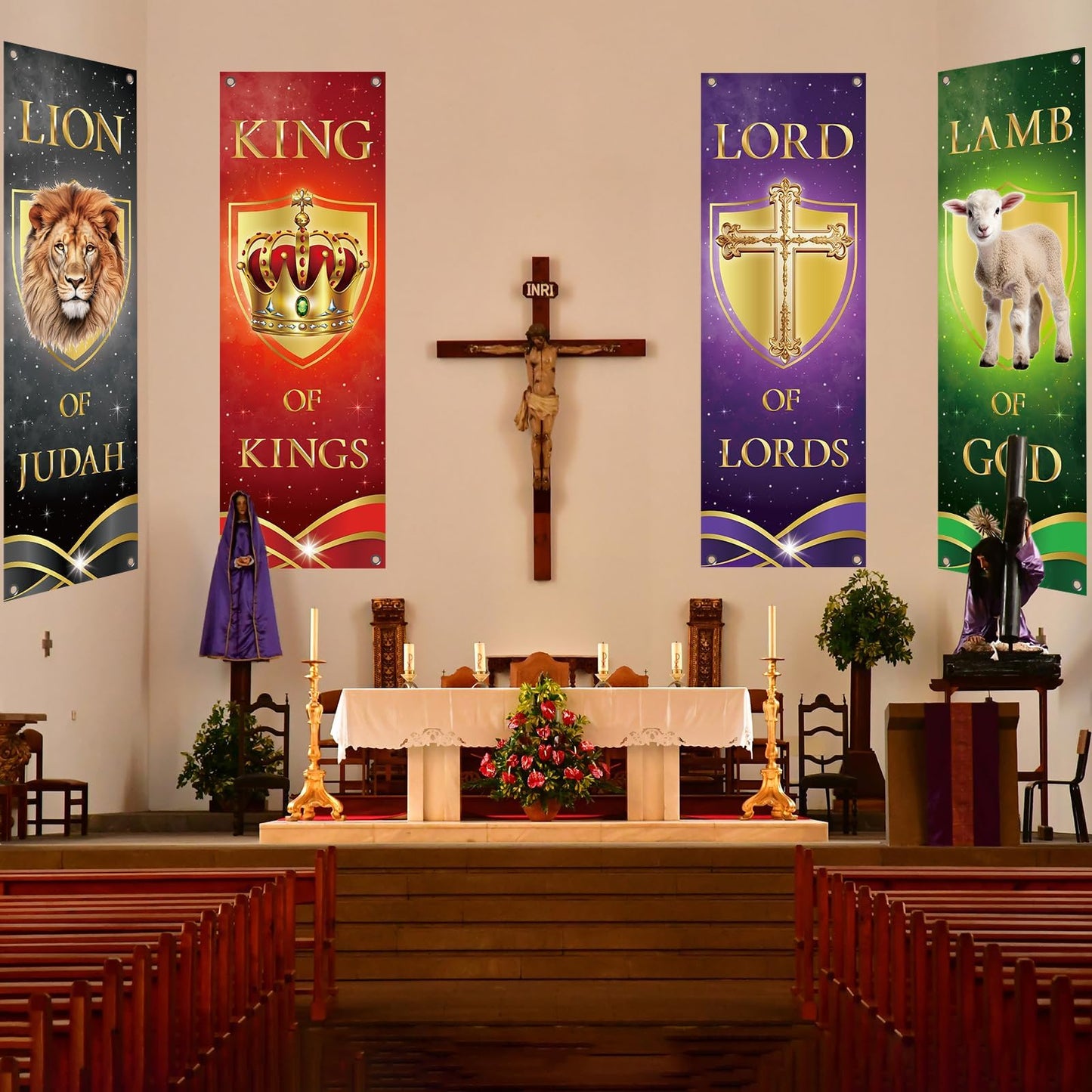 4Pcs Church Banners for Sanctuary Wall Welcome Religious Christmas Banners Hanging Backdrop Lion King Lord Lamb Church Banner Scripture Christmas Porch Signs for Holiday Church School Nativity Decor