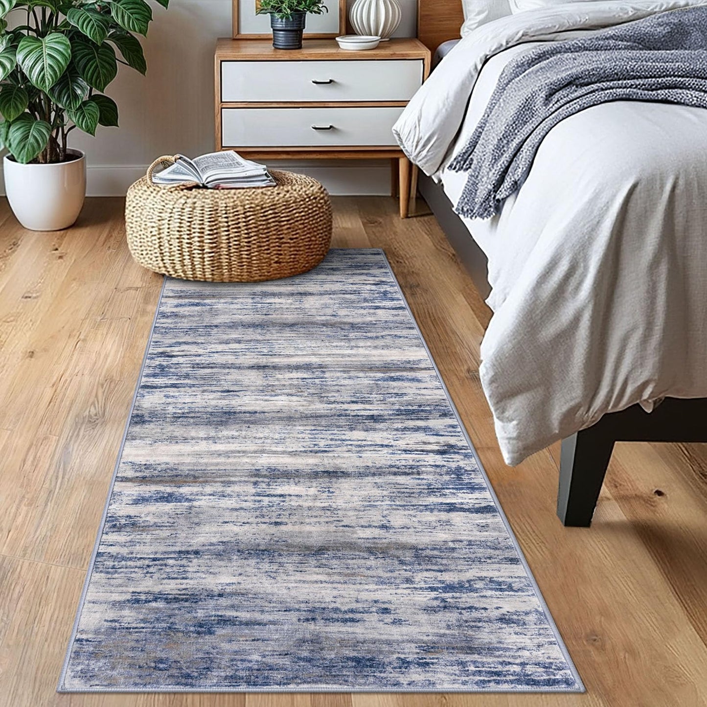 KOZYFLY Modern Abstract Washable Rug Runner 2x6 Runners for Hallways Non-Slip Soft Kitchen Runner Rugs, Print Grey-Blue Striped Carpet Runner for Entryway Bathroom Laundry Room Foyer