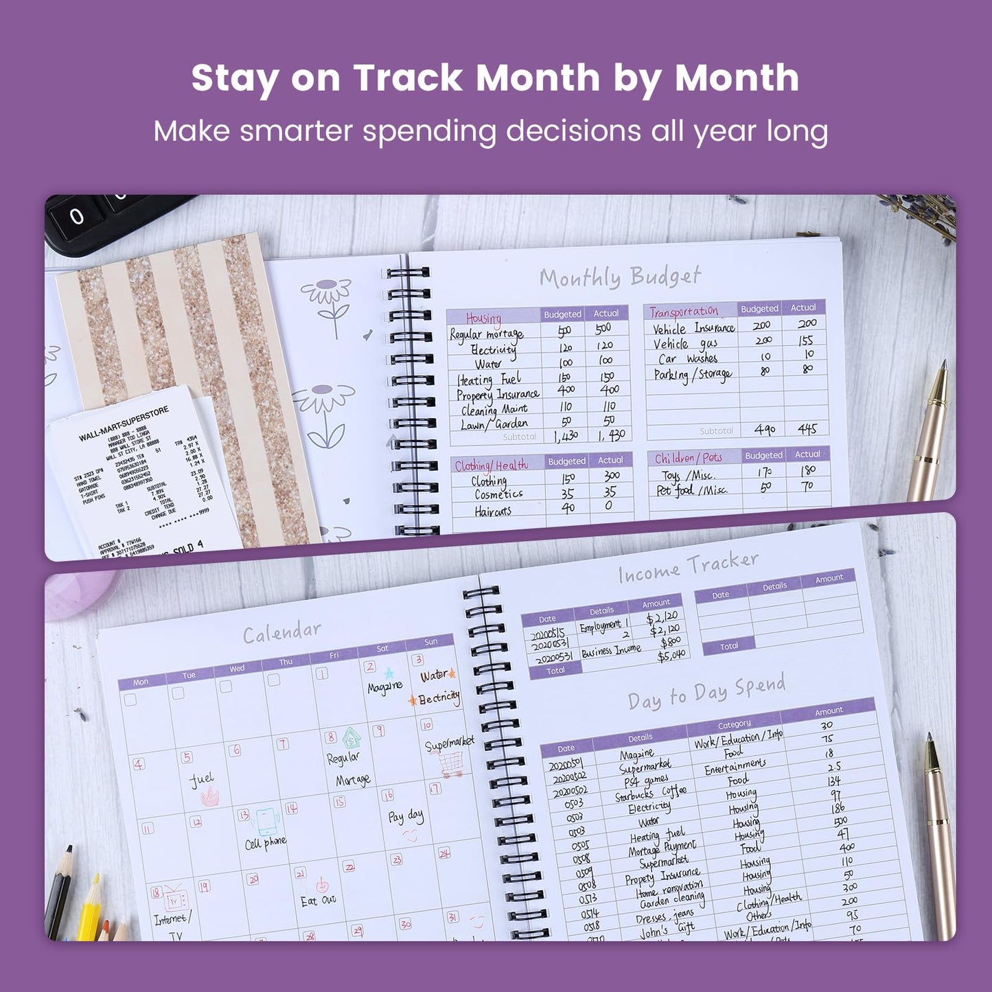 Monthly Budget Planner Book (Undated) with 12 Pockets for Income, Debt, Saving, Expense and Bill Tracker Organizer, Purple, Spiral Design