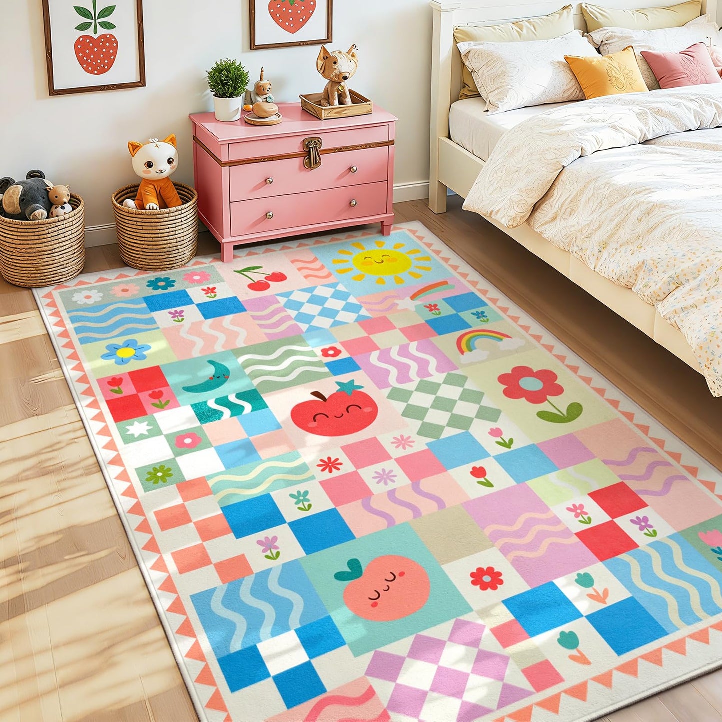3x5 Washable Kid Bedroom Rug for Girls, Pink Baby Nursery Area Rug, Soft Non-Slip Toddler Playroom Carpet, Cute Colorful Strawberry Fruit Rainbow Checkered