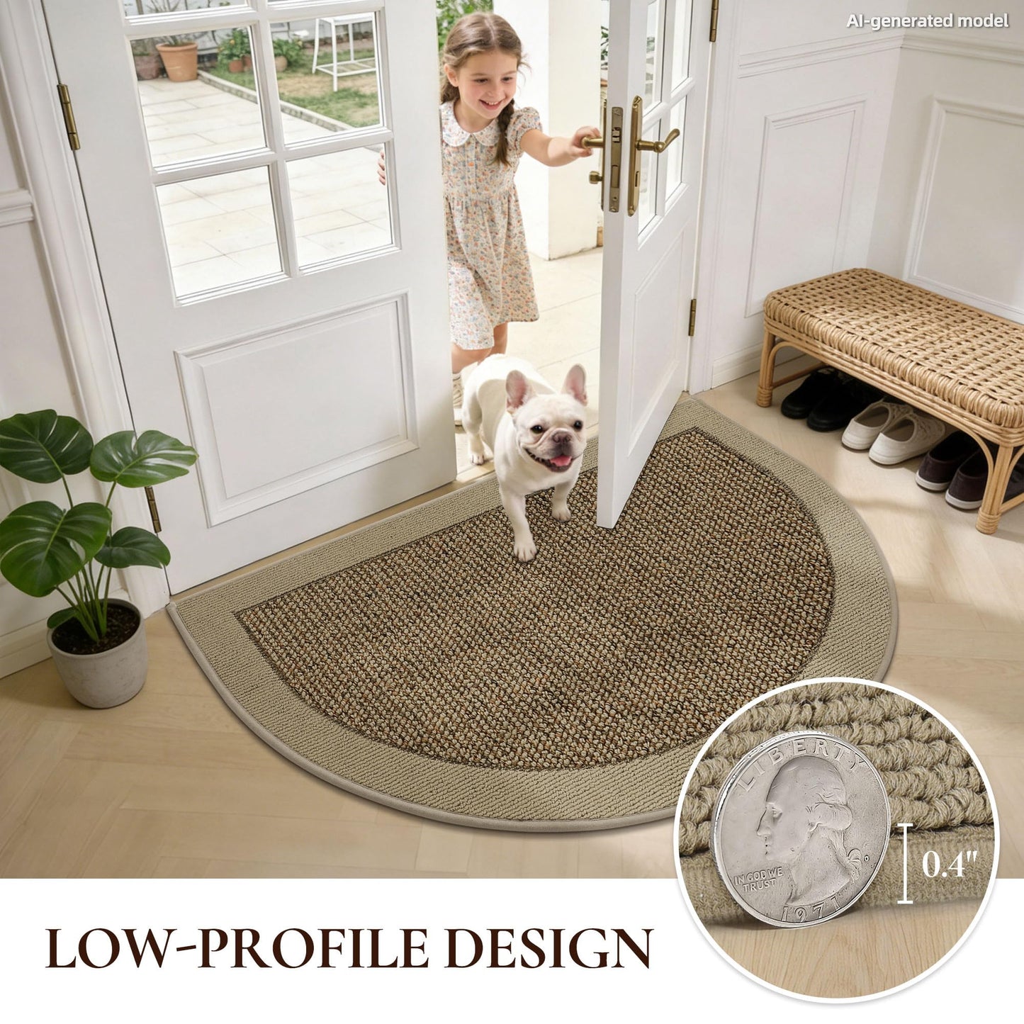 FLOORHUG Half Circle Door Mat Indoor Entrance Welcome, Non-Slip Washable Doormat, Trap Dirt and Moisture, Low Profile Mats for Indoor Entry, 17"x30", Beige