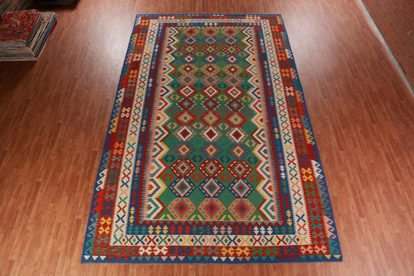 Rug Source Southwestern Style Collection Large Rugs (Palace Sized) Kilim Rectangle Rug, Hand Woven Green All-Over Rug, Oriental 100% Wool Carpet for Bedroom, Living Room, Dining Room
