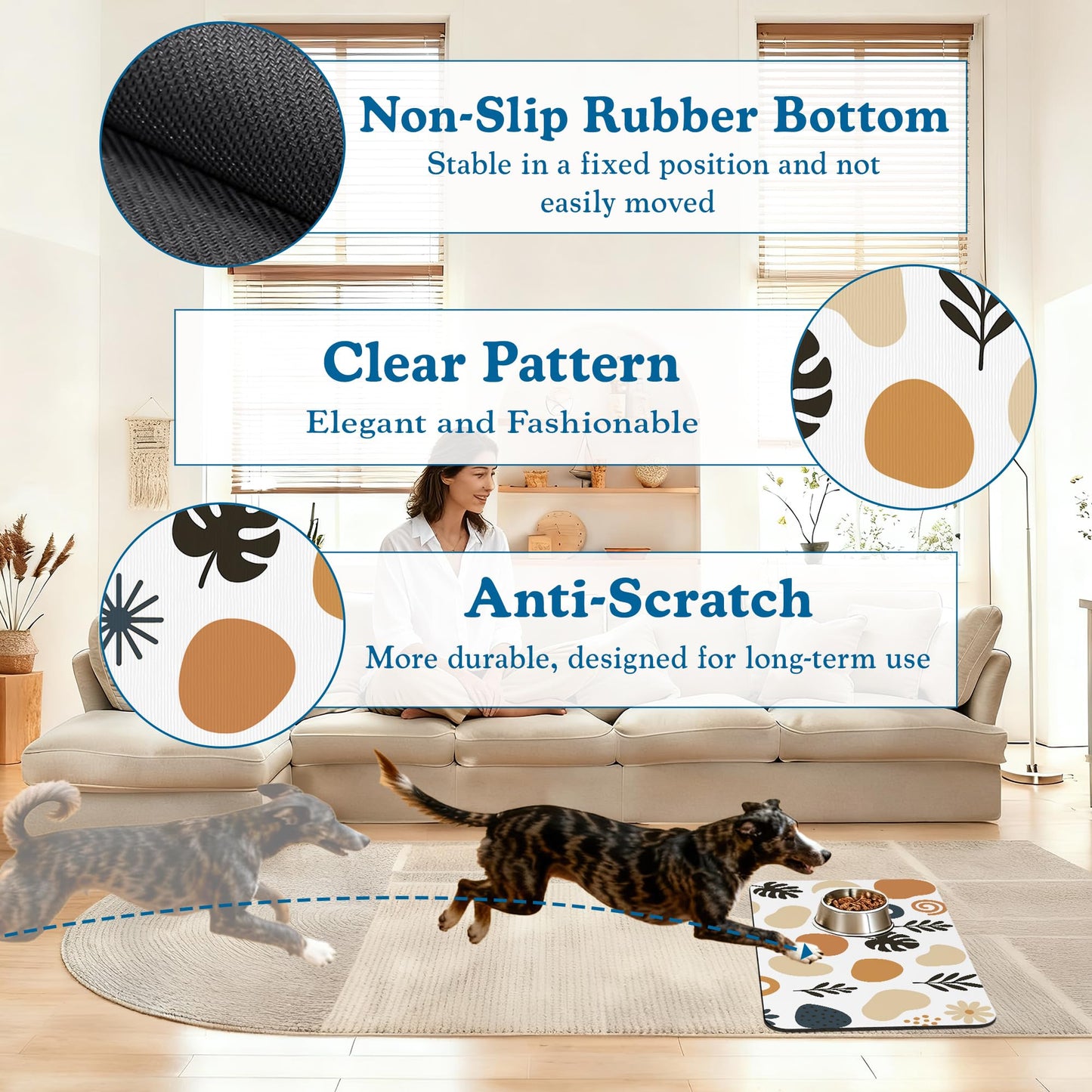 Boho Style Dog Food Mat–Absorbent Quick Dry Feeding Placemat for Food and Water Bowls, Non Slip Rubber Backing, Waterproof Pet Supplies for Mess-Free Eating 12"x20"