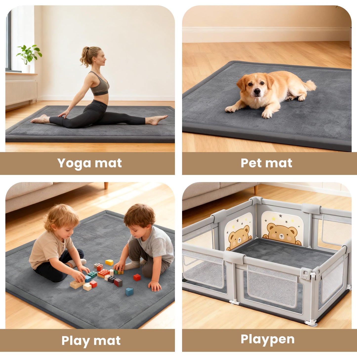 ACOMOPACK Baby Play Mat for Floor,1.3" Thick Elasti-Foam 59"×71" Non-Slip Water Repellent,Non-Toxic Playpen Mat for Infants Toddlers Kids, Ultra Soft Coral Velvet for Tummy Time Crawling（Dark Grey）
