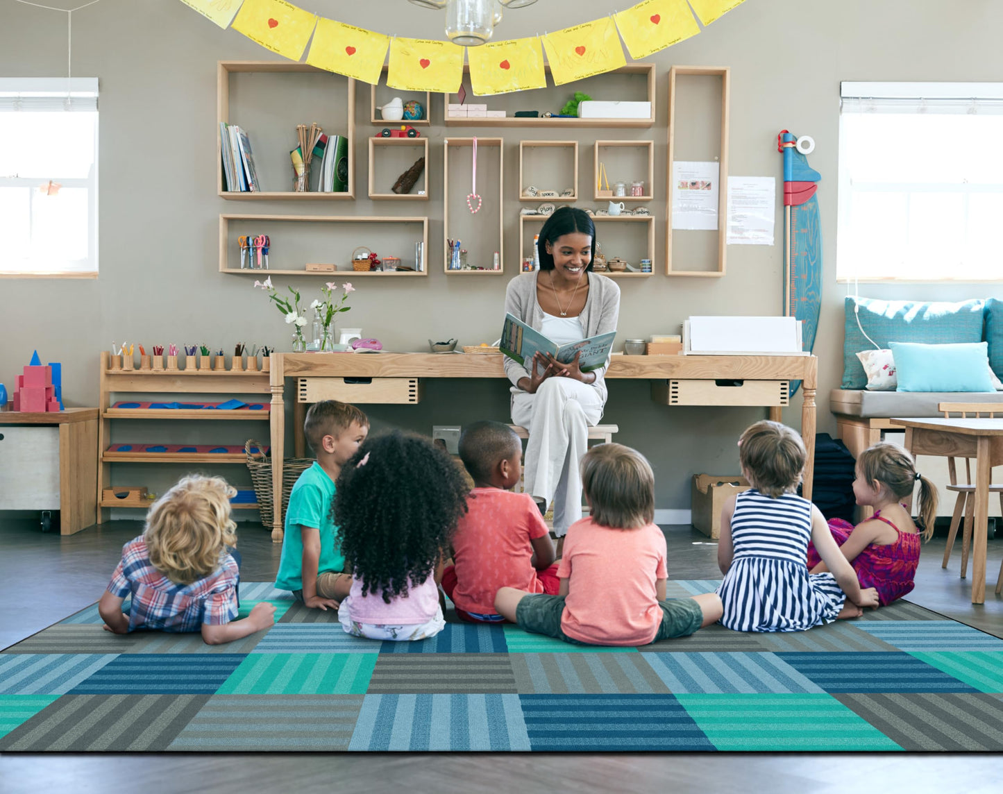 Flagship Carpets Hashtag Classroom Educational Area Rug for Kids and Teachers, Durable Quality for Schools, Preschool, Daycare, Learning Centers, and Home, 7'6" x 12' - Calming
