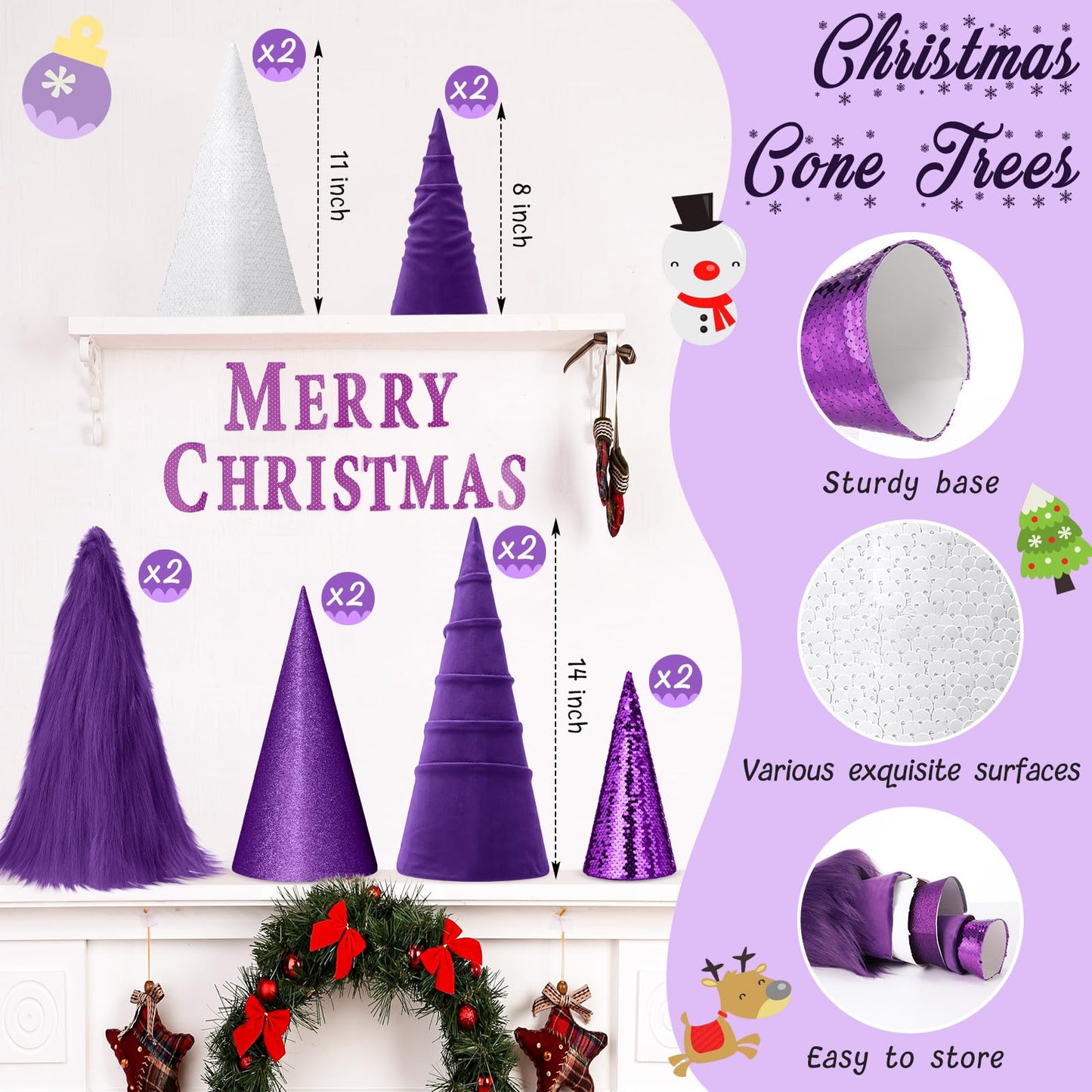 Knitgrip 24 Pcs Large Cone Christmas Trees with Snowflakes Set, 14'' 11'' 8'' Christmas Tree Tabletop Decor & Wooden 3D Snowflake Table Centerpiece for Gifts Winter Home Decorations(Purple)