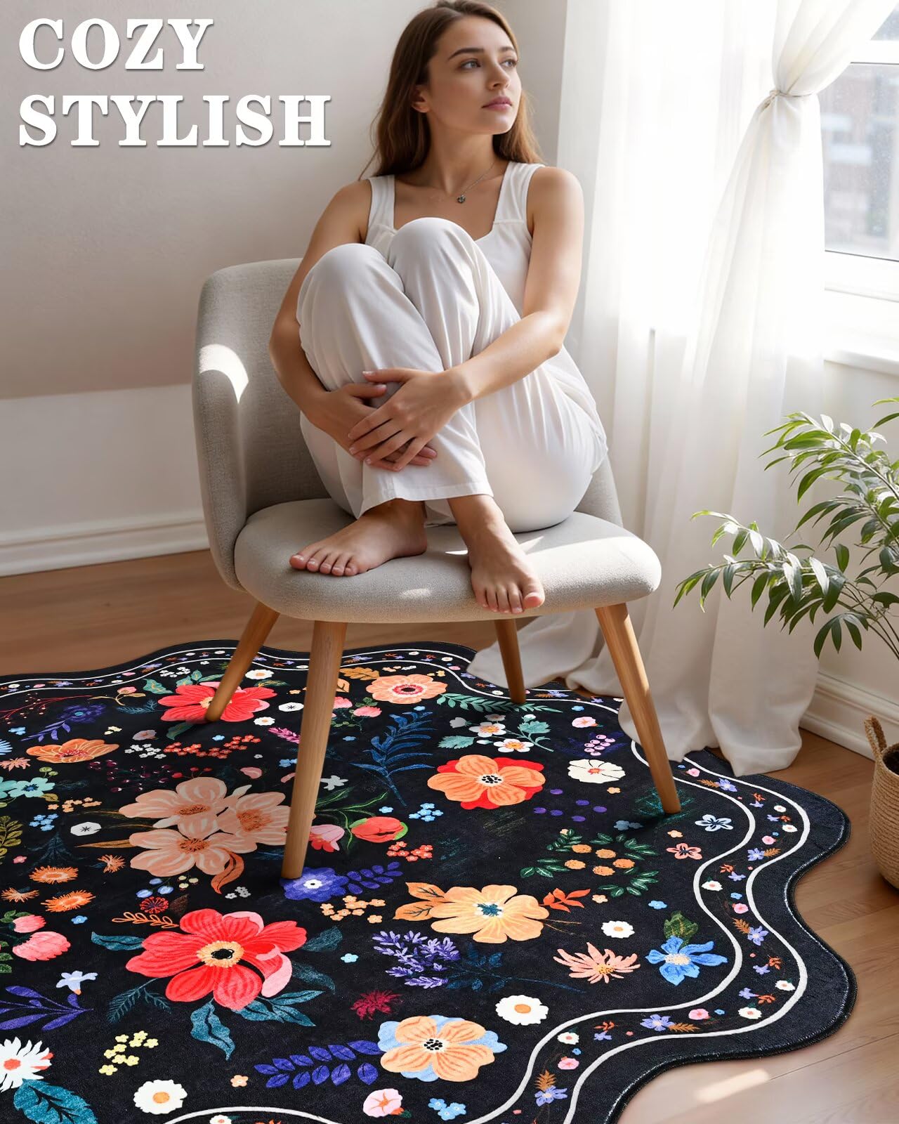 Macgace Black Round Rug for Girls Bedroom, 5ft Machine Washable Floral Area Rugs with Non Slip Backing, Cute Flower Carpet Kitchen Living Room Kids Playroom Decor
