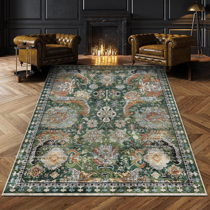 RUGSURE Washable Area Rugs - Perfect for Living Room, Bedroom, Kids Room, Nursery - Stain & Water Resistant Non-Slip, Pet & Child Friendly, Vintage Tribal Area Rugs (Green, 3' x 5 ')