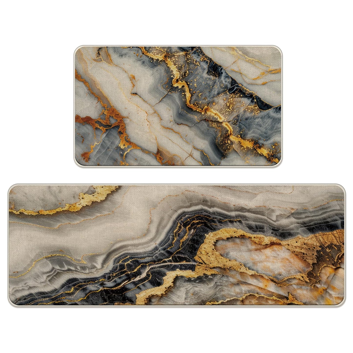 Livcoz Black White Gold Marble Texture Kitchen Rugs Set of 2, Modern Abstract Fluid Art Floor Mats Home Decor, Luxury Stone Door Mat Decorations - 17x29 and 17x47 Inches