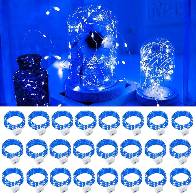 pozzolanas 24 Pack Blue Fairy Lights Battery Operated 3 Modes 7FT 20 LED Waterproof String Lights Twinkle Silver Wire for Mason Jars Wedding Christmas Halloween Party Decor (24, Blue)
