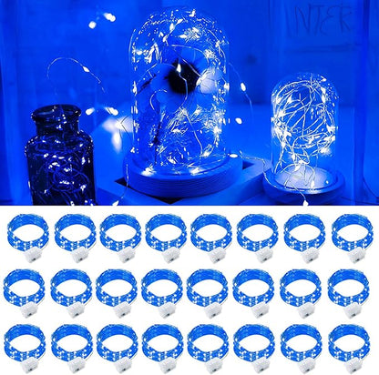 pozzolanas 24 Pack Blue Fairy Lights Battery Operated 3 Modes 7FT 20 LED Waterproof String Lights Twinkle Silver Wire for Mason Jars Wedding Christmas Halloween Party Decor (24, Blue)