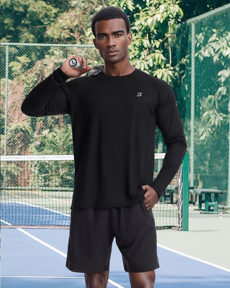 Roadbox Mens UPF 50+ Long Sleeve Swim Rash Guard, UV Sun Protection SPF Shirts for Outdoor Fishing Hiking Running Classic Black