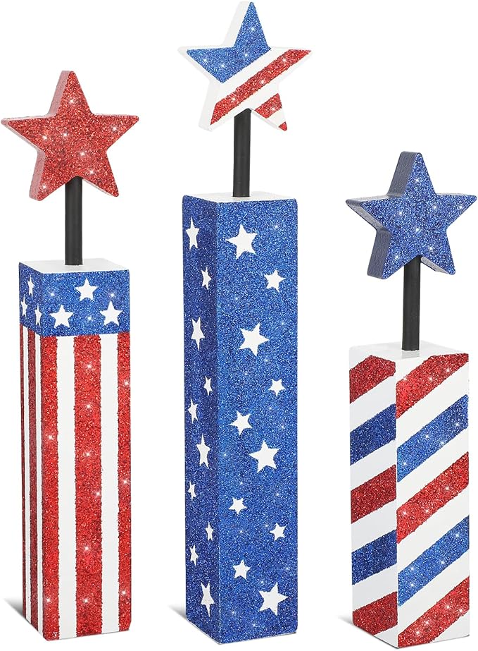 COCHIE 4th of July Decorations Set, Red White Blue Decor, Wooden Patriotic Memorial Day Tiered Tray Decor, Labor Day Decorations, Fourth of July Decoration for Home Office Table (Flag Shinny)
