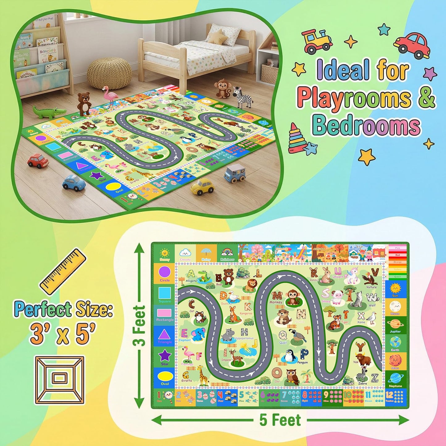 FJKJHKGJ ABC Rugs for Kids Playroom, 3x5 Feet Learning Rug for Kids Room with Car Track & Animals, Non-Slip Educational Floor Mat for Toddler Nursery Classroom, Green