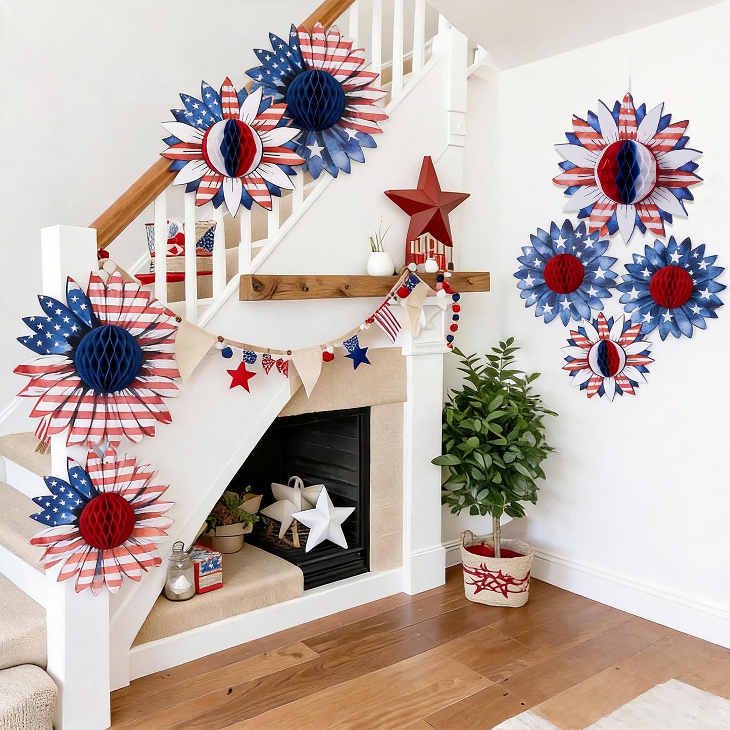 Paper Jazz 4th of July Decorations Paper Flower American Flag Red White and Blue Decor for Presidents Day,Patriotic Decoration Haning Paper Honeycomb for Veterans Day, Independence Day Birthday Party