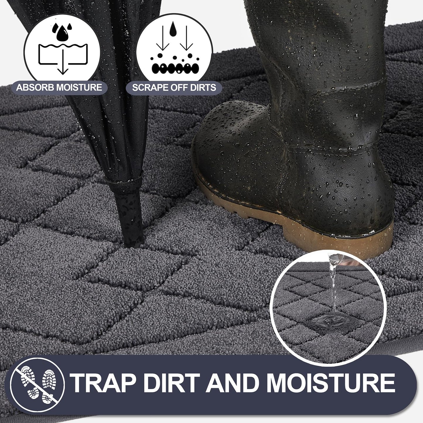 REFETONE Dirt Trapper Door Mat 20" x 32", Washable Indoor Doormat Rubber Backing Non Slip, Resist Dirt and Absorbent Entrance Mat, Low Profile Inside Floor Mats for Front Back Door and Entryway, Grey