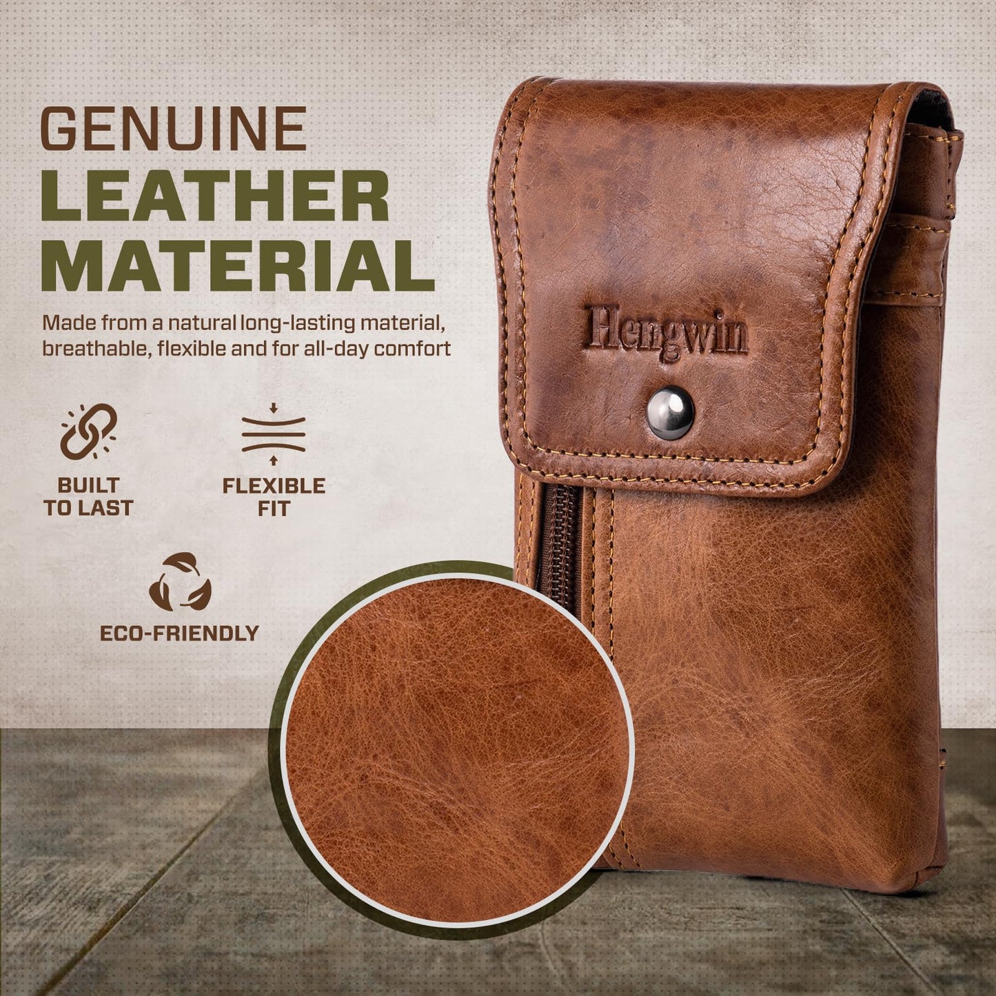 Hengwin Phone Holster Belt Case with Belt Clip, Genuine Leather Belt Pouch Cell Phone Holder Fit for iPhone 16 Plus 15 Pro Max 14 Pro Max Samsung Galaxy S25 Plus (Fit Cellphone with Case On) (Brown)