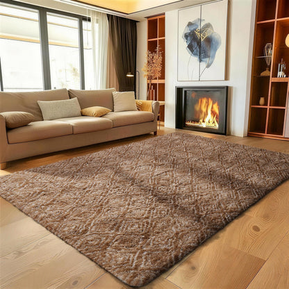 Ophanie Brown and White Diamond Striped Rugs for Living Room 5x7, Fluffy Shag Large Fuzzy Plush Soft Carpets, Shaggy Rugs for Bedroom, Carpet for Kids Boys Girls Dorm Nursery Home Decor Aesthetic